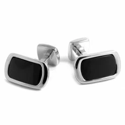 Warren Asher Rectangular Black & Silver-Tone Flat Cufflinks