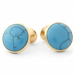 Warren Asher Round Gold-Tone & Turquoise Blue Gemstone Cufflinks