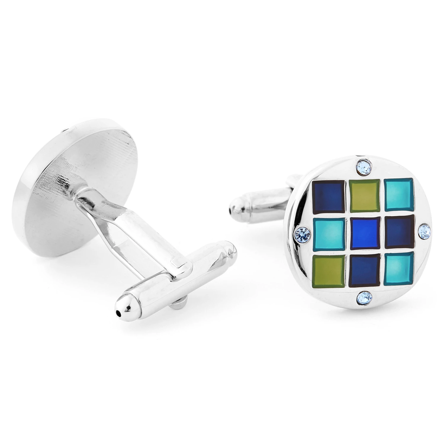 Warren Asher Round Silver-Tone Blue & Green Aquamarine Squared Cufflinks 2 Warren Asher Round Silver-Tone Blue & Green Aquamarine Squared Cufflinks - Image 2