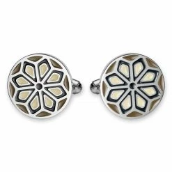 Bohemian Revolt Geo Remix | Olive Green, Black & Cream Floral Motif Stainless Steel Cufflinks