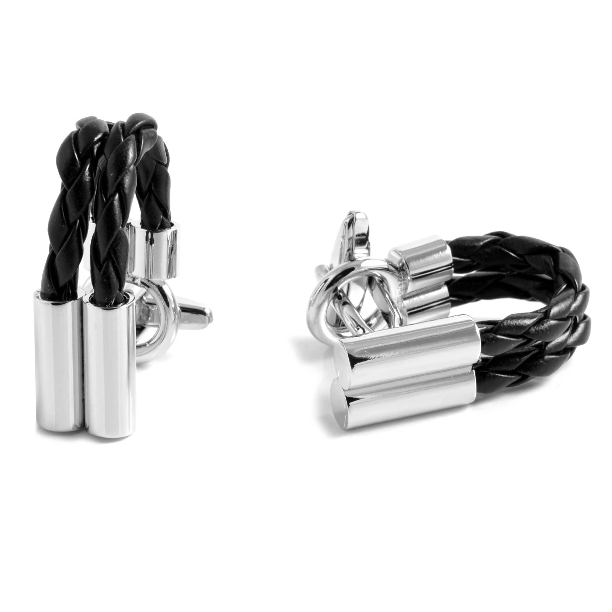 Warren Asher Black Leather & Silver-Tone Twisted Cufflinks 1 Warren Asher Black Leather & Silver-Tone Twisted Cufflinks