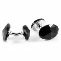 Warren Asher Oval Silver-Tone & Black Faceted Cufflinks