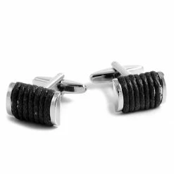 Warren Asher Rectangular Silver-Tone & Black Cord Cufflinks