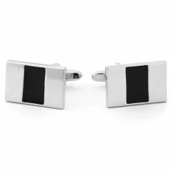 Warren Asher Rectangular Slim Silver-Tone & Black Cufflinks