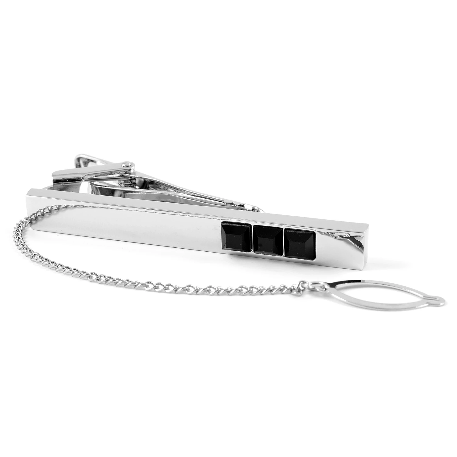Warren Asher Silver-Tone & Black Stone Tie Clip With Chain 2 Warren Asher Silver-Tone & Black Stone Tie Clip With Chain - Image 2