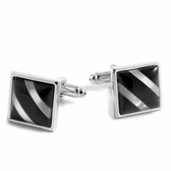 Warren Asher Square Silver-Tone & Black Striped Cufflinks