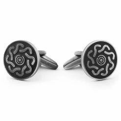 Warren Asher Round Brushed Metal & Black Celtic Cufflinks