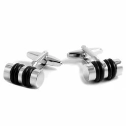 Warren Asher Cylinder Silver-Tone & Black Rubber Cufflinks