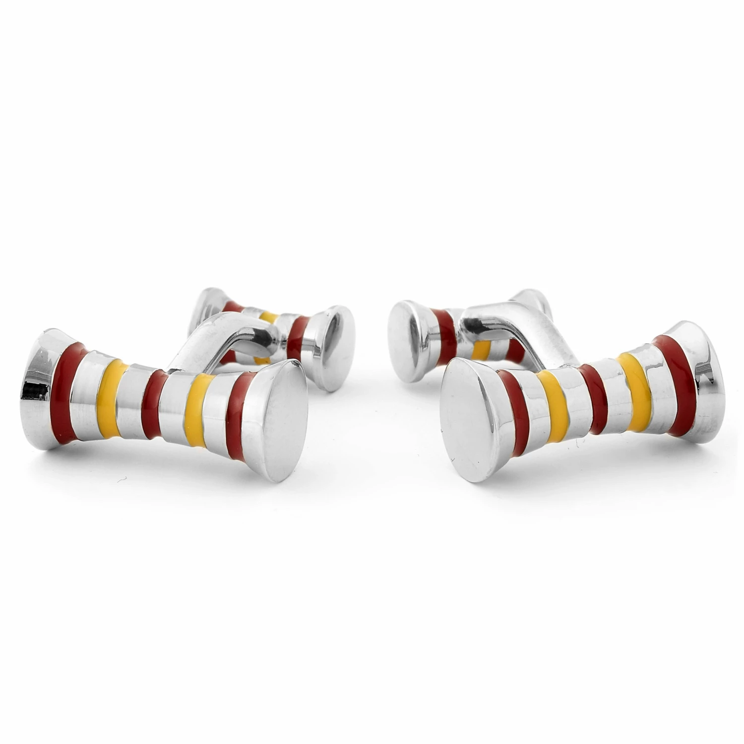 Warren Asher Striped Silver-Tone, Canary Yellow & Deep Red Mallet Cufflinks 1 Warren Asher Striped Silver-Tone, Canary Yellow & Deep Red Mallet Cufflinks