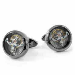 Warren Asher Round Black Mechanical Movement Stainless Steel Cufflinks