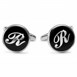 Trendhim Round Silver-Tone & Black Letter R Initial Cufflinks
