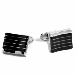 Warren Asher Square Silver-Tone & Black Stylish Wavy Cufflinks