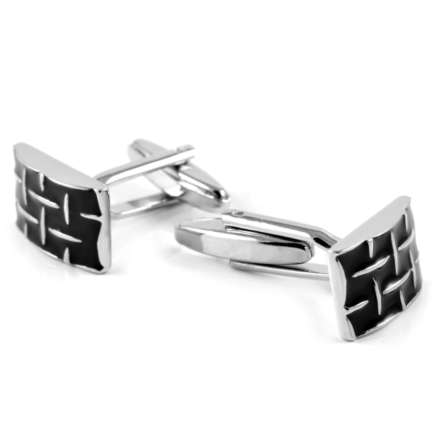 Warren Asher Black & Silver-Tone Bend Grid Cufflinks 2 Warren Asher Black & Silver-Tone Bend Grid Cufflinks - Image 2