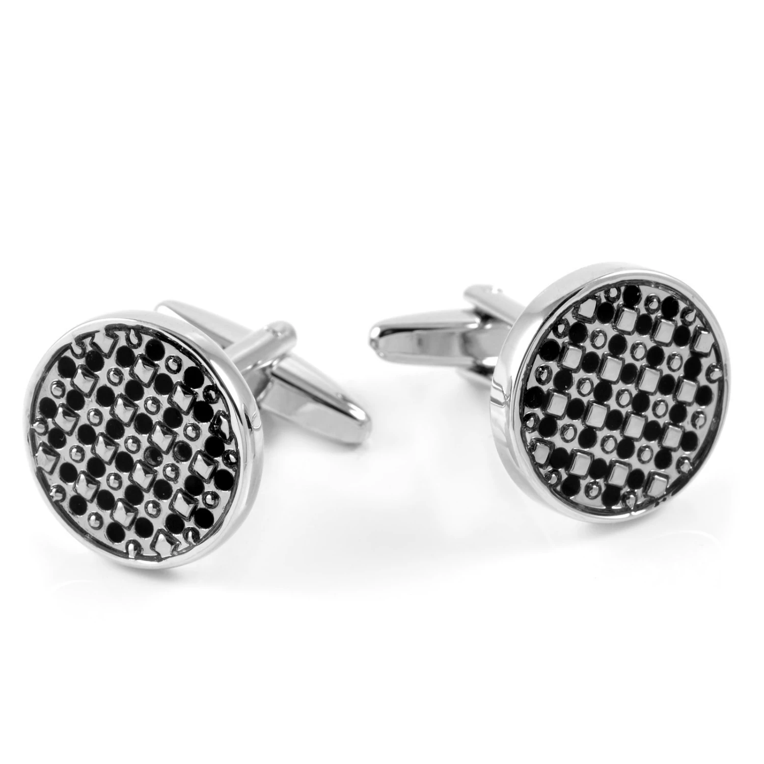 Warren Asher Round Silver-Tone & Black Detail Cufflinks 2 Warren Asher Round Silver-Tone & Black Detail Cufflinks - Image 2