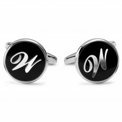 Trendhim Round Silver-Tone & Black Letter W Initial Cufflinks