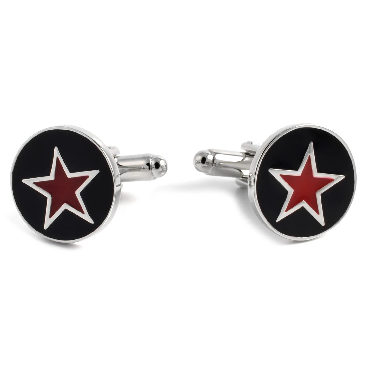 Warren Asher Round Black, Silver-Tone & Red Star Cufflinks 1 Warren Asher Round Black, Silver-Tone & Red Star Cufflinks