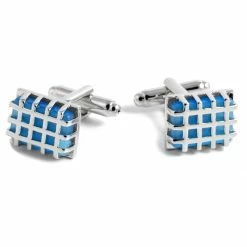 Warren Asher Silver-Tone & Light Blue Grid Cufflinks