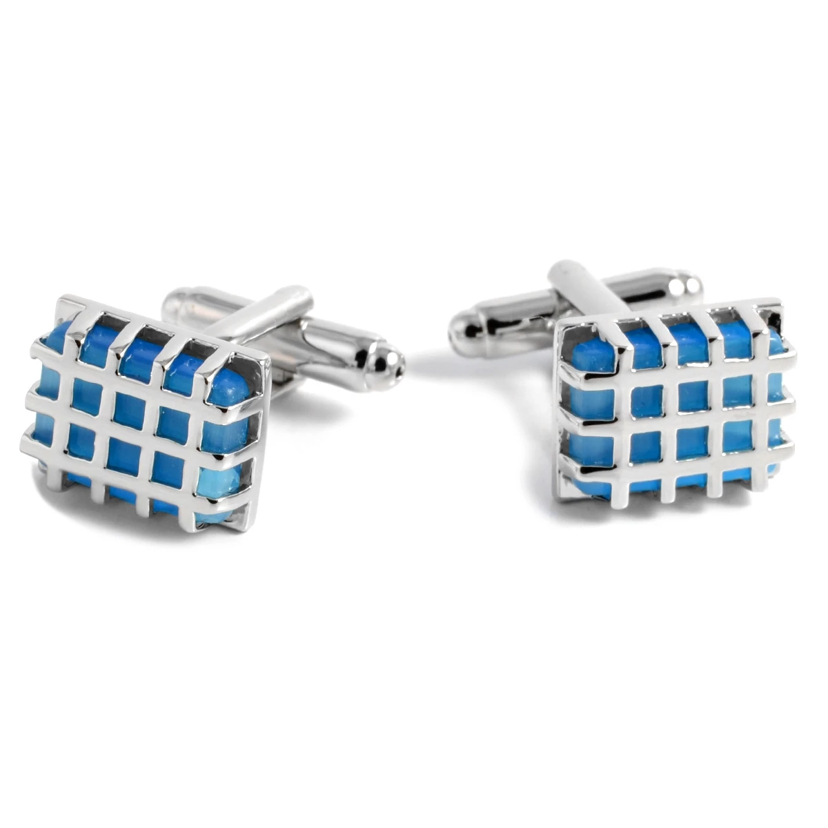 Warren Asher Silver-Tone & Light Blue Grid Cufflinks 1 Warren Asher Silver-Tone & Light Blue Grid Cufflinks