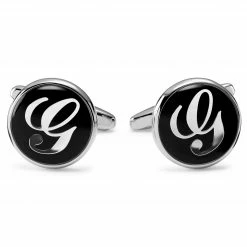 Trendhim Round Silver-Tone & Black Letter G Initial Cufflinks