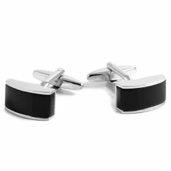 Warren Asher Rectangular Black & Silver-Tone Curved Cufflinks