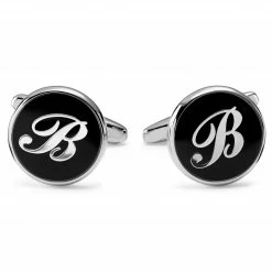 Trendhim Round Silver-Tone & Black Letter B Initial Cufflinks