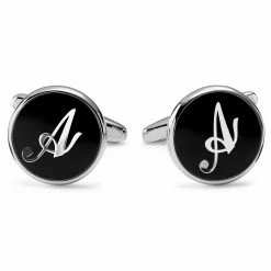 Trendhim Round Silver-Tone & Black Letter A Initial Cufflinks