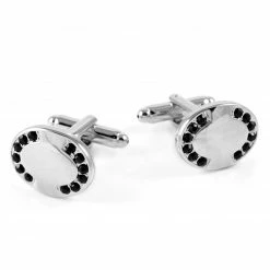 Warren Asher Oval Silver-Tone & Black Stones Cufflinks