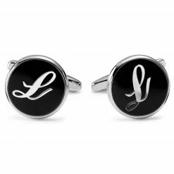 Trendhim Round Silver-Tone & Black Letter L Initial Cufflinks
