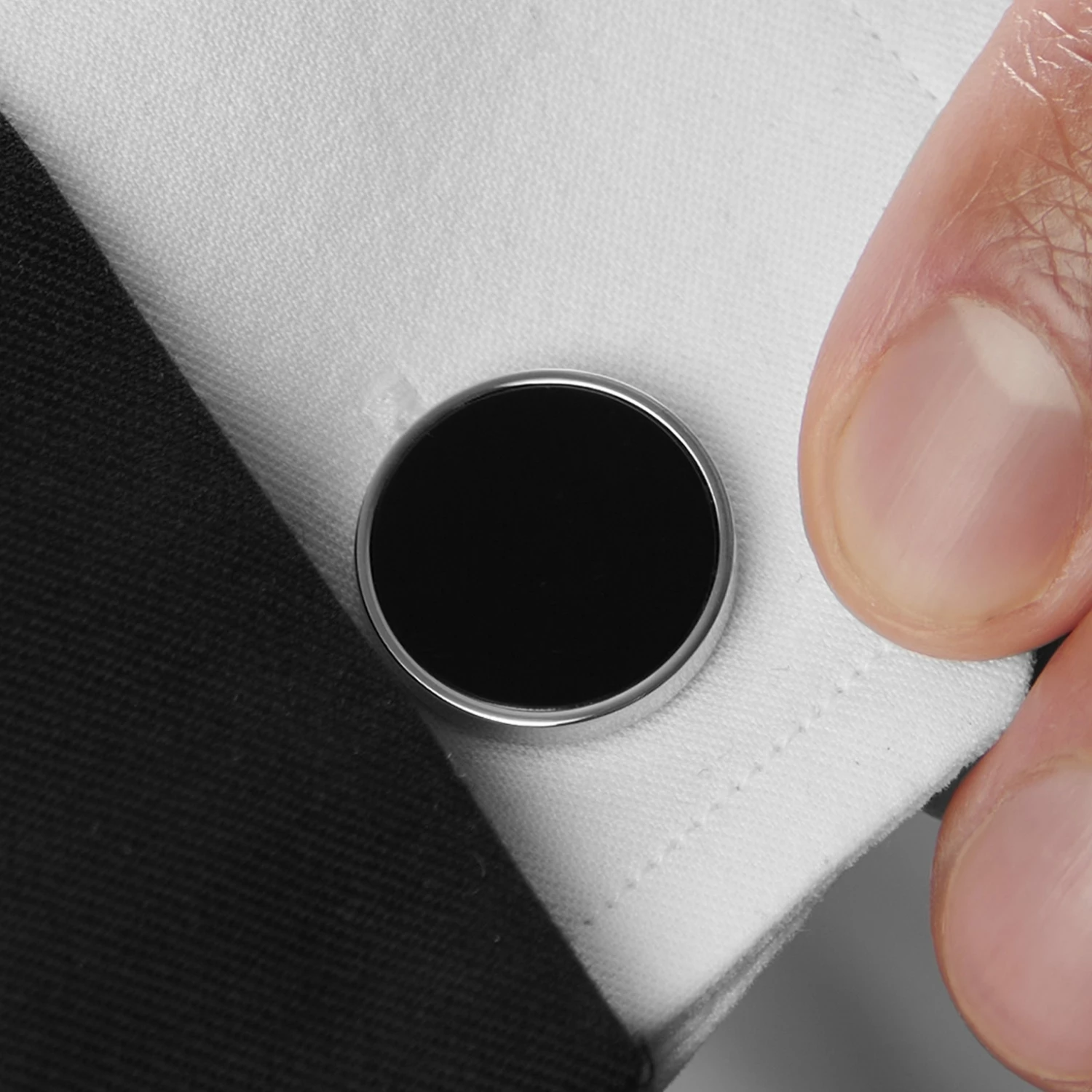 Warren Asher Round Simple Silver-Tone & Black Disc Cufflinks 6 Warren Asher Round Simple Silver-Tone & Black Disc Cufflinks - Image 6