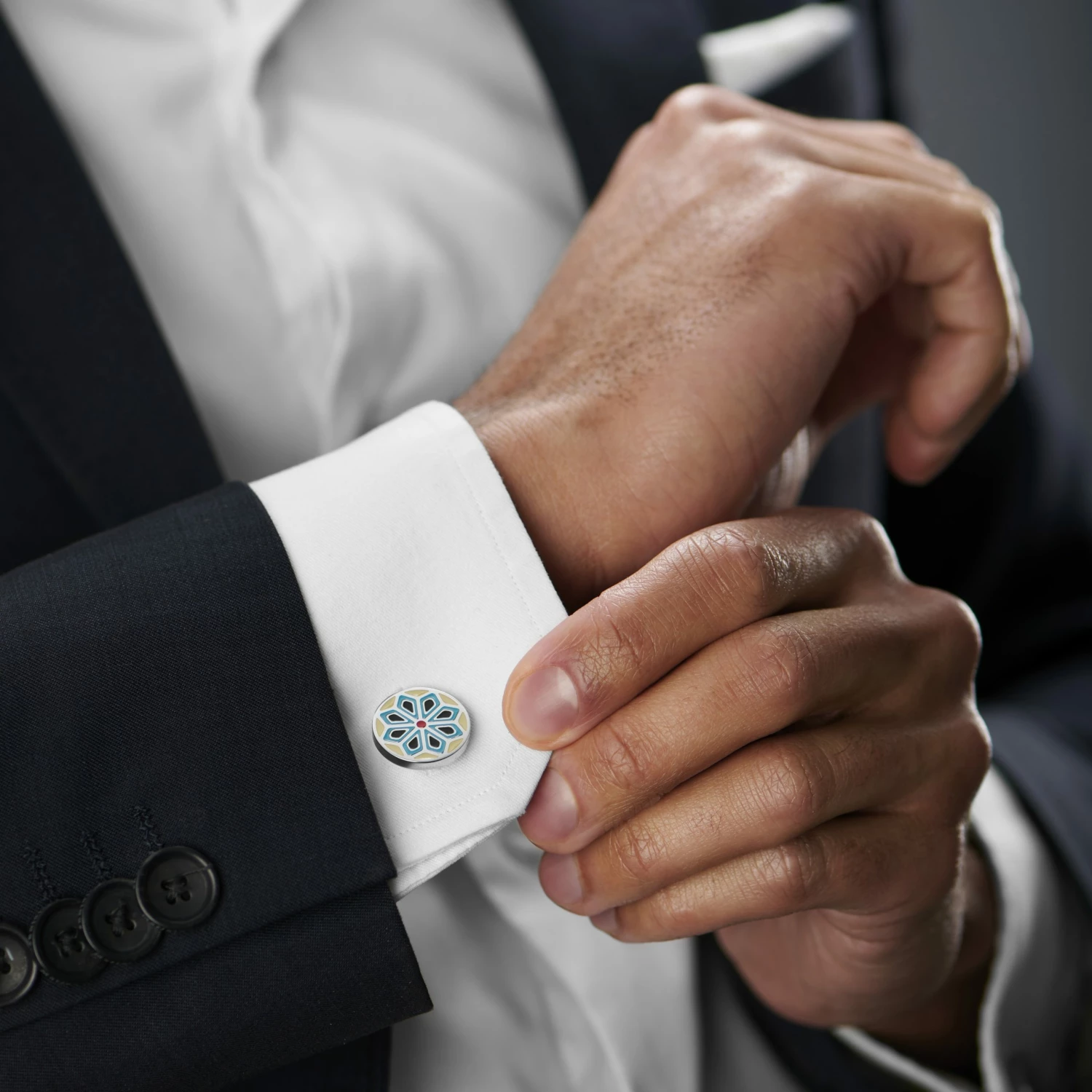 Bohemian Revolt Geo Remix | Cream, Light Blue & Black Motif Stainless Steel Cufflinks 3 Bohemian Revolt Geo Remix | Cream, Light Blue & Black Motif Stainless Steel Cufflinks - Image 3