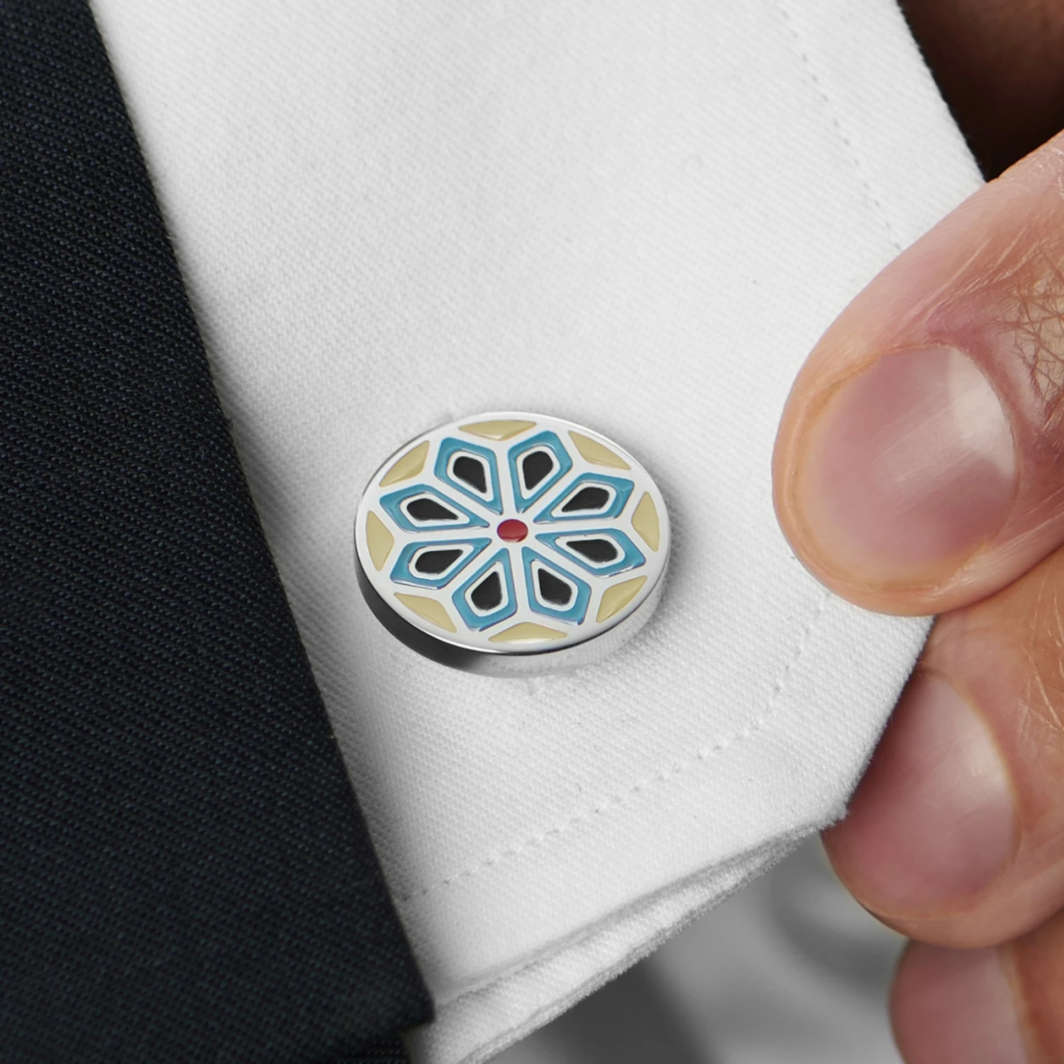 Bohemian Revolt Geo Remix | Cream, Light Blue & Black Motif Stainless Steel Cufflinks 6 Bohemian Revolt Geo Remix | Cream, Light Blue & Black Motif Stainless Steel Cufflinks - Image 6