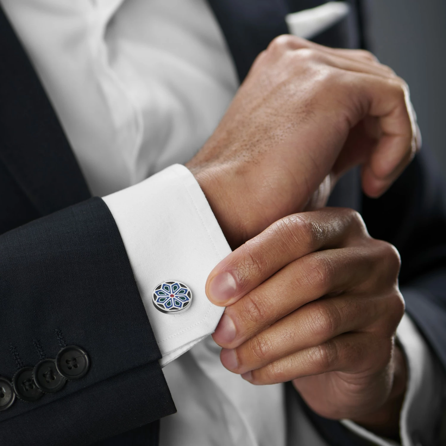 Bohemian Revolt Geo Remix | Navy Blue, Forest Green & Red Floral Motif Stainless Steel Cufflinks 3 Bohemian Revolt Geo Remix | Navy Blue, Forest Green & Red Floral Motif Stainless Steel Cufflinks - Image 3