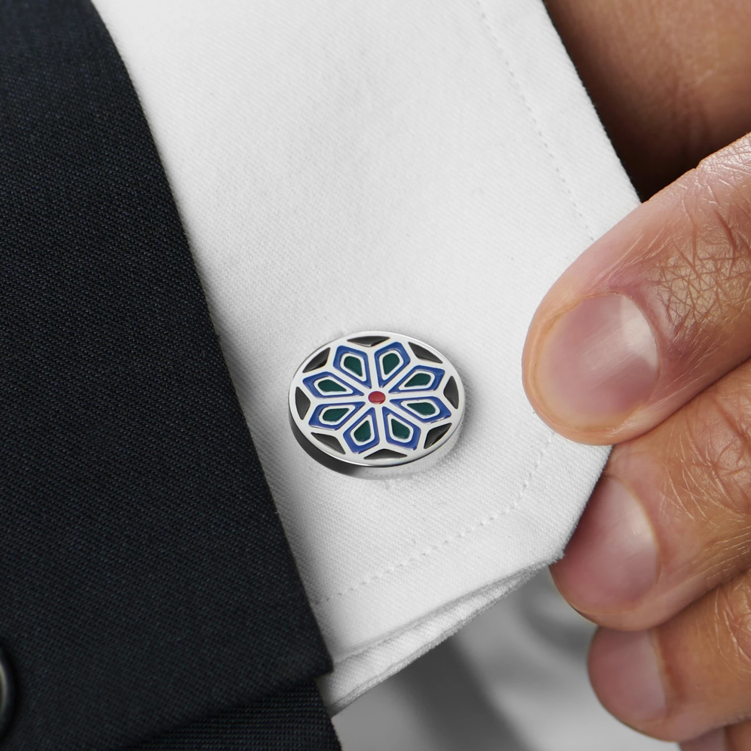 Bohemian Revolt Geo Remix | Navy Blue, Forest Green & Red Floral Motif Stainless Steel Cufflinks 6 Bohemian Revolt Geo Remix | Navy Blue, Forest Green & Red Floral Motif Stainless Steel Cufflinks - Image 6