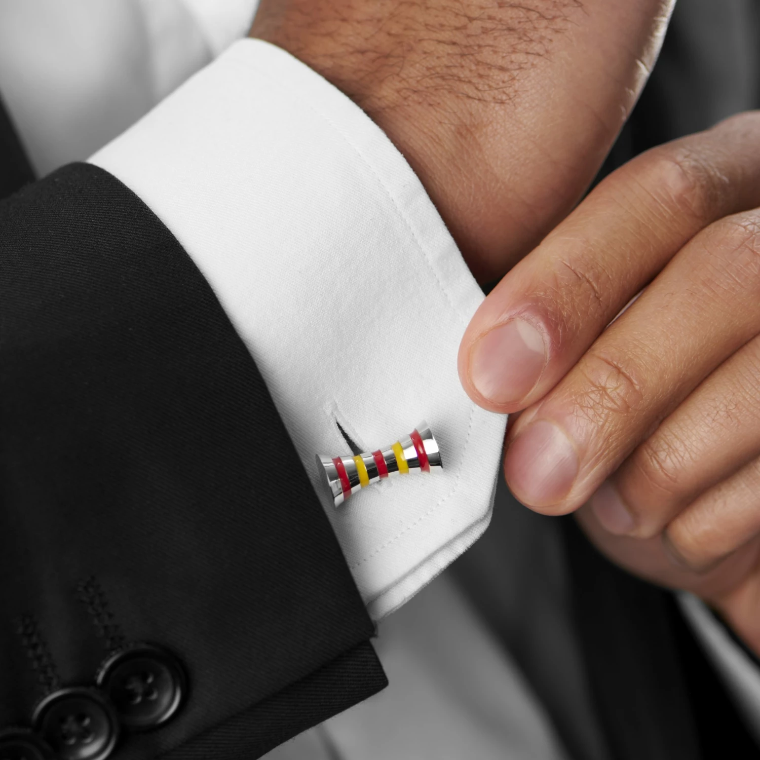 Warren Asher Striped Silver-Tone, Canary Yellow & Deep Red Mallet Cufflinks 3 Warren Asher Striped Silver-Tone, Canary Yellow & Deep Red Mallet Cufflinks - Image 3