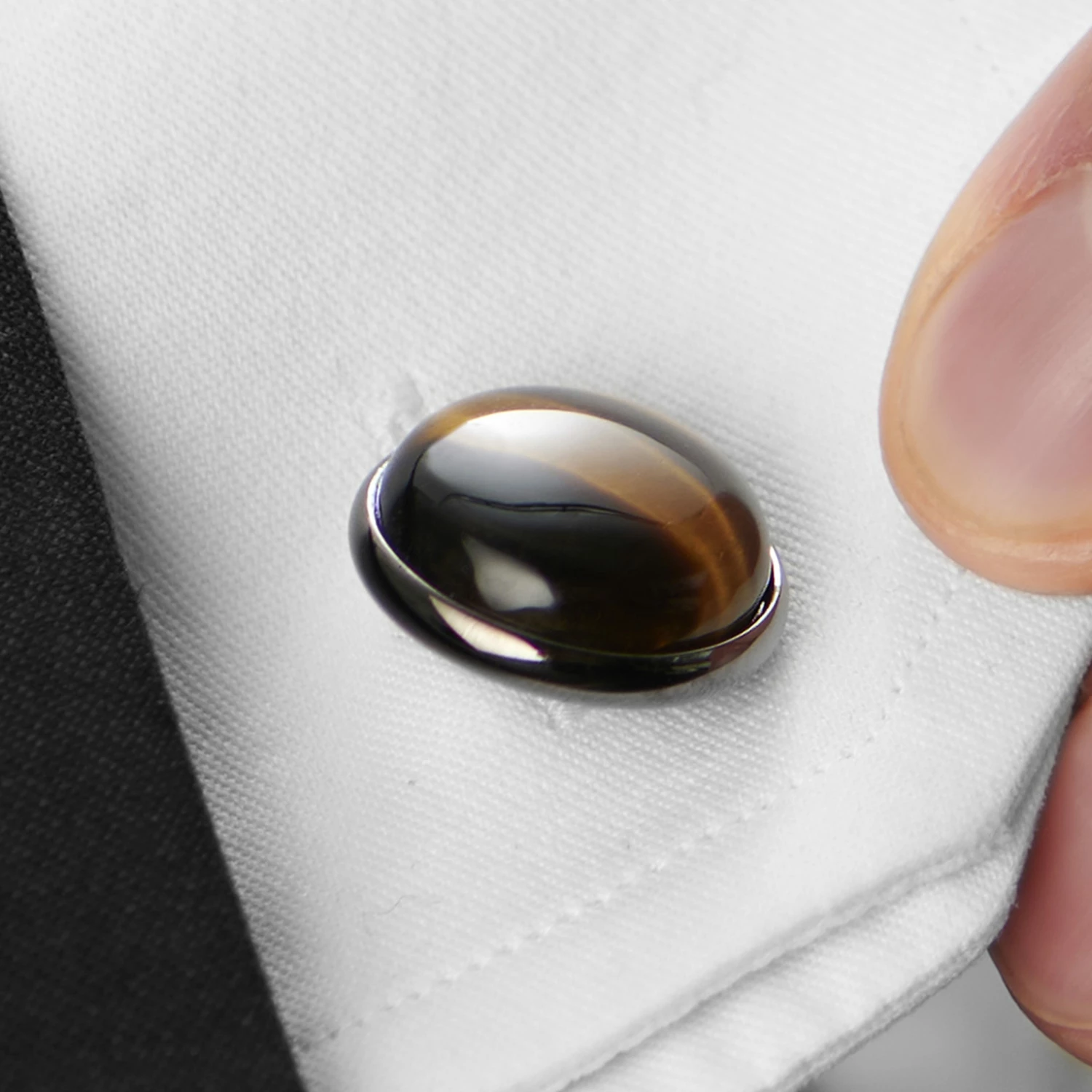 Warren Asher Round Dark Grey & Tiger's Eye Stone Cufflinks 4 Warren Asher Round Dark Grey & Tiger's Eye Stone Cufflinks - Image 4