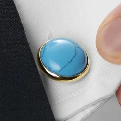 Warren Asher Round Gold-Tone & Turquoise Blue Gemstone Cufflinks -Cheap TIE CLIPS Store rel megashoot cufflinks 4 9388 bm2