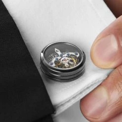 Warren Asher Round Black Mechanical Movement Stainless Steel Cufflinks -Cheap TIE CLIPS Store rel megashoot cufflinks 6 7566 bm2